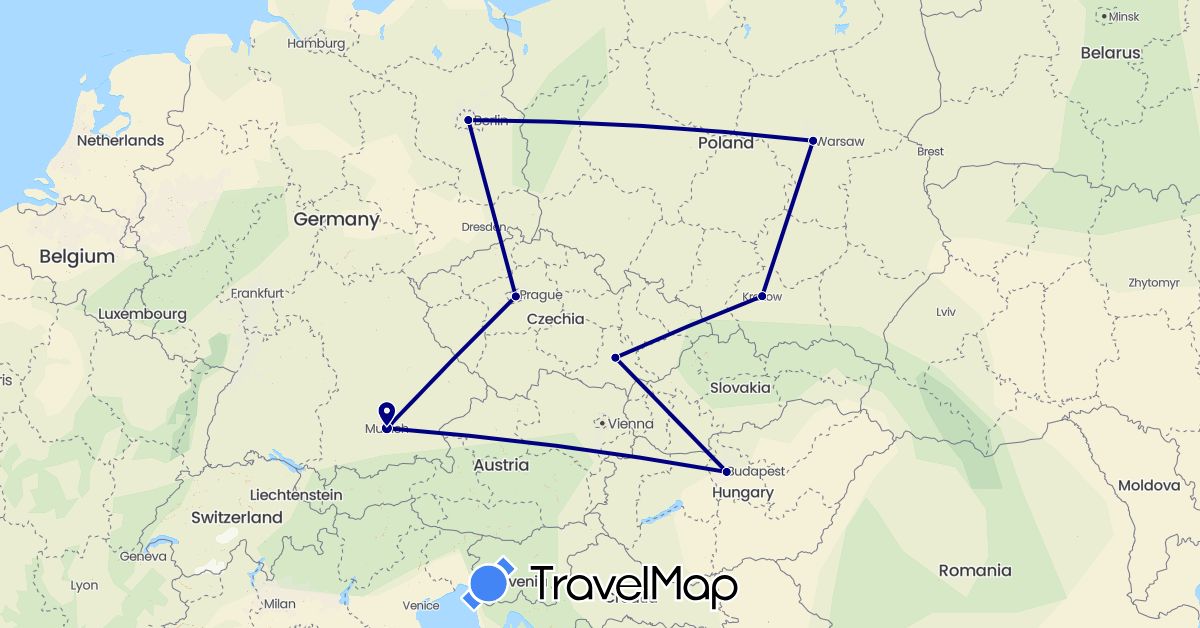 TravelMap itinerary: driving in Czech Republic, Germany, Hungary, Poland (Europe)